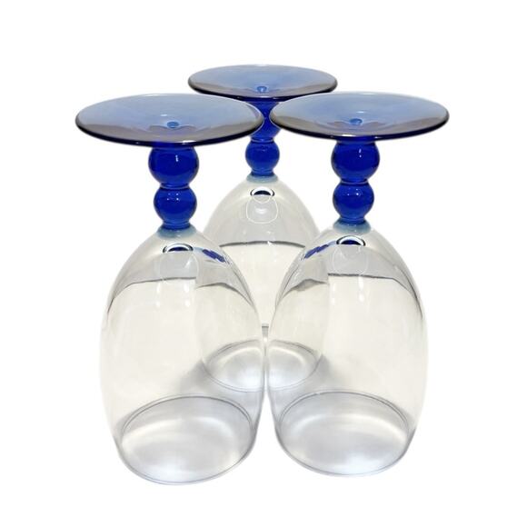 Vtg ‘00 Libbey Metropolis Mediterranean Set of 3 Cobalt Blue Ball Stem Goblets - Picture 2 of 11